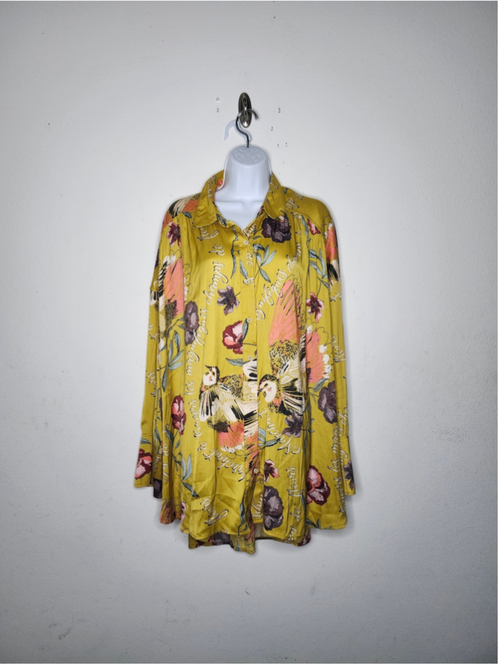 Free People Gold Silky Nights Floral Script Oversized Button Down Tunic Top S